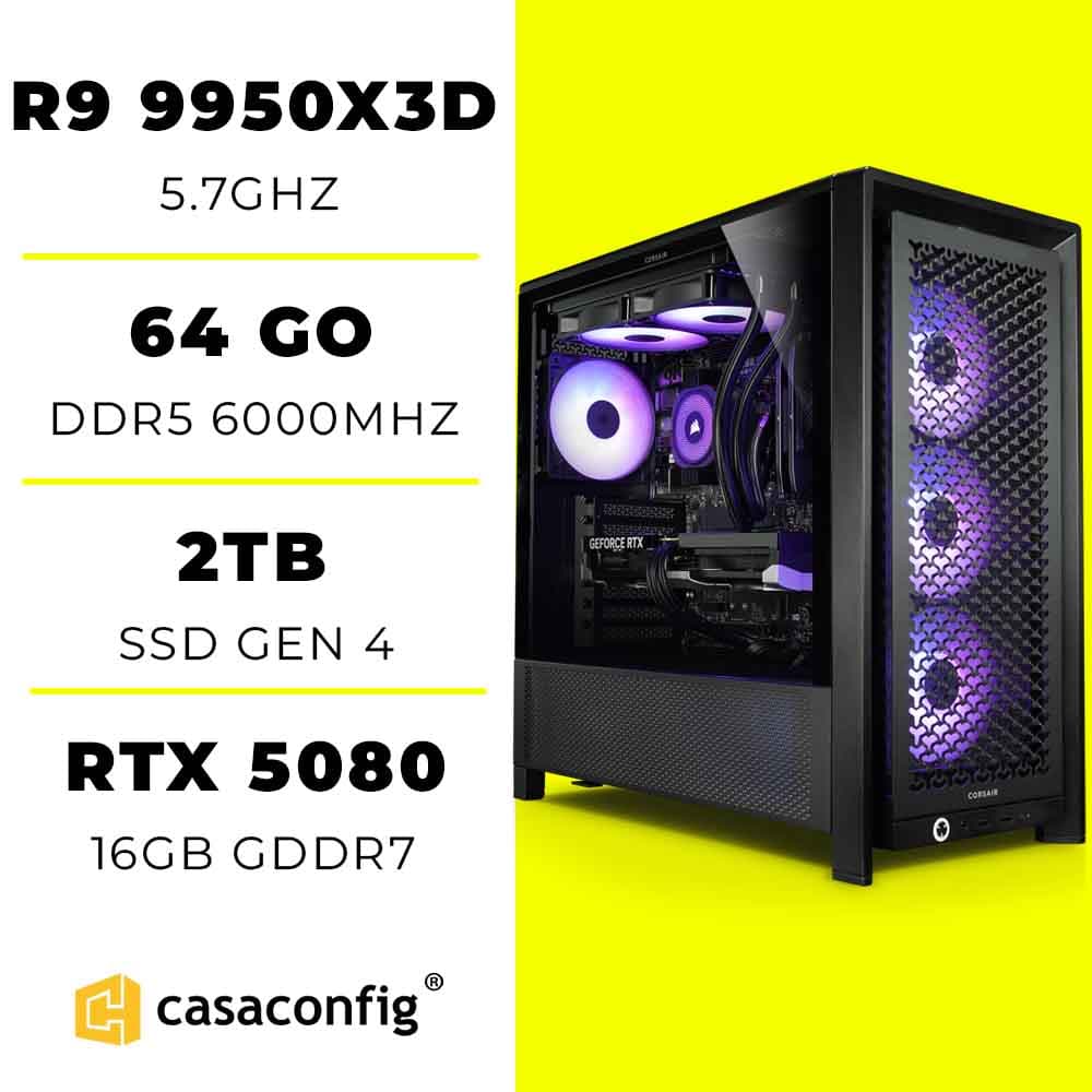 PC Gamer Ryzen 9 9950X3D/64GB/2TB SSD/RTX 5080 16GO maroc prix