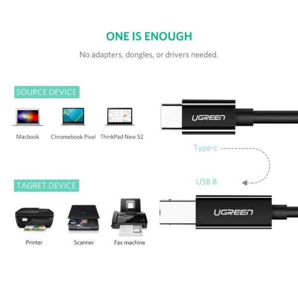 Ugreen Cable imprimante USB-C to BM Noir 2M (50446) 2