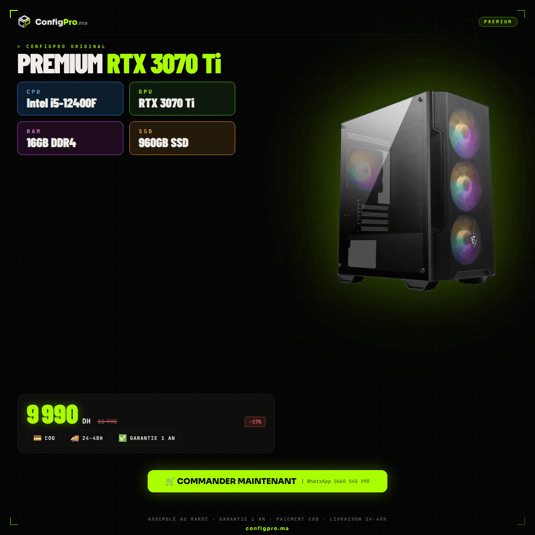 ConfigPro Pulse — INTEL I5 + RTX 3070 maroc prix