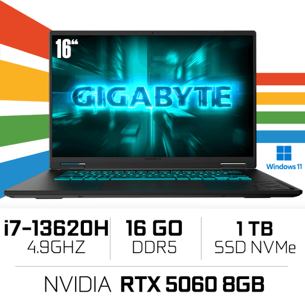 Gigabyte GAMING A16 CVH-I3FR894SS Intel i7-13620H/16GB DDR5/1TB SSD/RTX 5060 8Go/16″ 165Hz/Win11