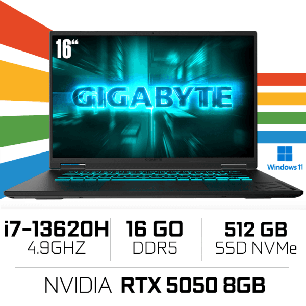 Gigabyte GAMING A16 CTH-I3FR893SS Intel i7-13620H/16GB DDR5/512Go SSD/RTX 5050 8Go/16″ 165Hz/Win11